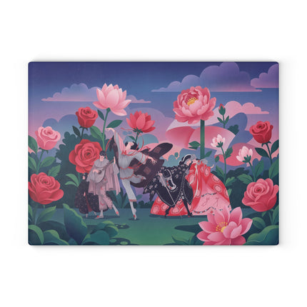 🌹🎭 The Rose Garden Masquerade Glass Cutting Board – Art Deco Floral Fantasy