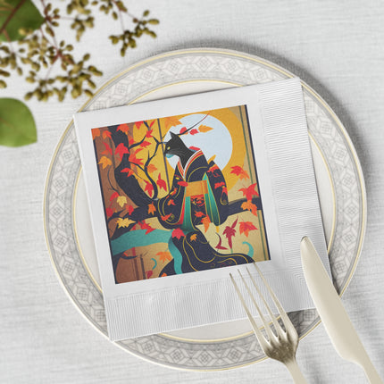 Black Cat in Kimono White Coined Napkins
