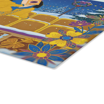 🎭❄️ The Lady Of The Snowbound Theatre Glass Cutting Board – Art Deco Holiday Elegance