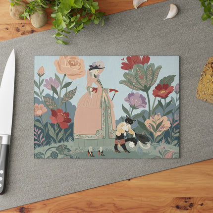 🌸🐈 The Lady And Puss In Boots Glass Cutting Board – Art Deco Floral Fashion Fantasy