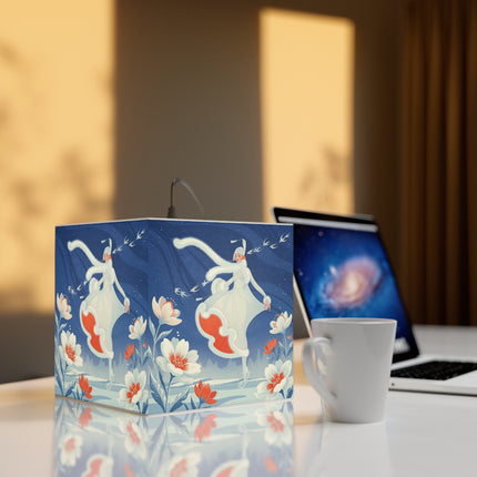❄️⛸️ The Winter Skater’s Flight Light Cube Lamp – Art Deco Floral Fantasy
