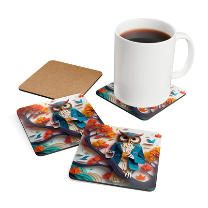 Owl at an Autumn Park Gathering Corkwood Coaster Set