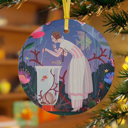 🐠🌸 The Lady Of The Enchanted Aquarium Glass Ornament – Art Deco Aquatic Elegance