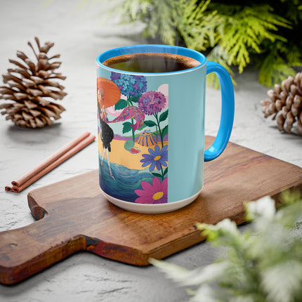 The Lady Of The Coral Parasol Colorful Mugs – Art Deco Coastal Elegance