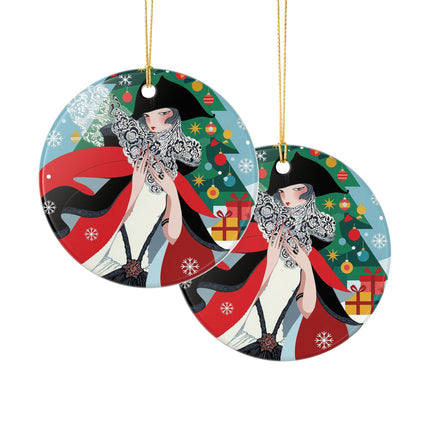 ❤️ The Lady Of The Crimson Scarf Ceramic Ornament – Art Deco Christmas Elegance