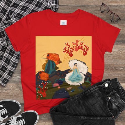 🐚🪸 The Lady Of The Coral Reef Cotton Tee – Art Deco Ocean Fantasy
