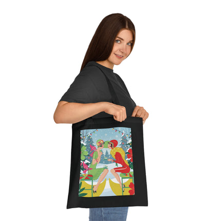 🎄☕ Christmas Tea In The Snow Garden Cotton Tote Bag – Art Deco Holiday Friendship