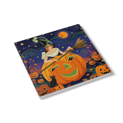 🧙‍♀️🎃 The Witch Of Pumpkin Moon Hollow Ceramic Coaster – Whimsical Halloween Magic