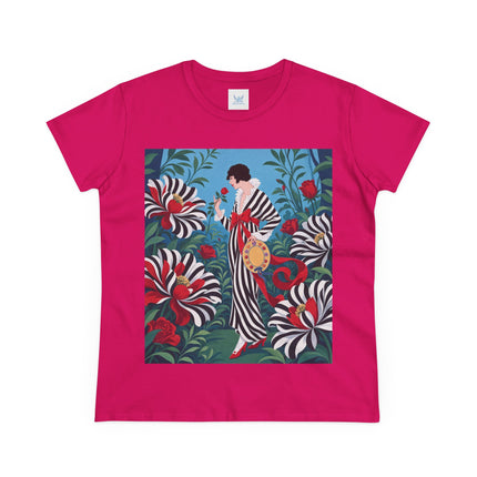 ❤️🌹 The Scarlet Striped Garden Cotton Tee – Art Deco Fashion Illustration