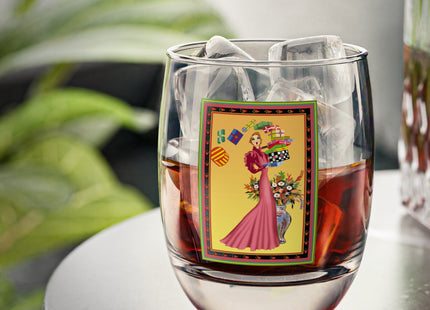 Elegant Holiday Woman with Gifts Whiskey Glass