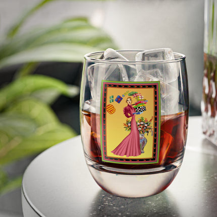 Elegant Holiday Woman with Gifts Whiskey Glass