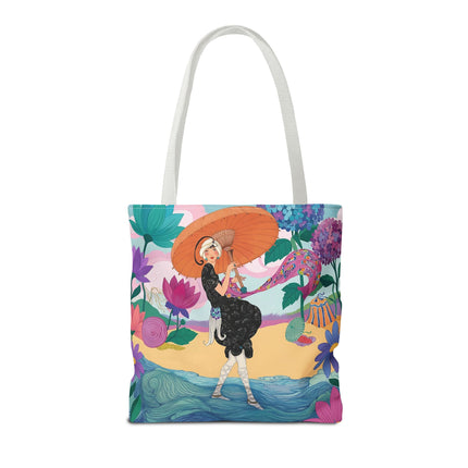 ☂️🌺 The Lady Of The Seaside Parasol Tote Bag – Art Deco Floral Fashion