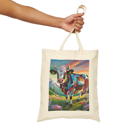 Cyber Glitch Cow Cotton Canvas Tote Bag