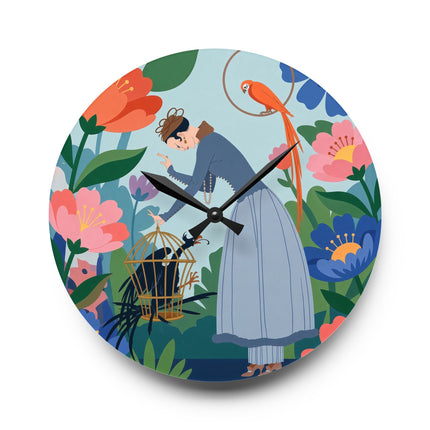 🌺🦜 The Lady Of The Enchanted Aviary Acrylic Wall Clock – Art Deco Floral Garden