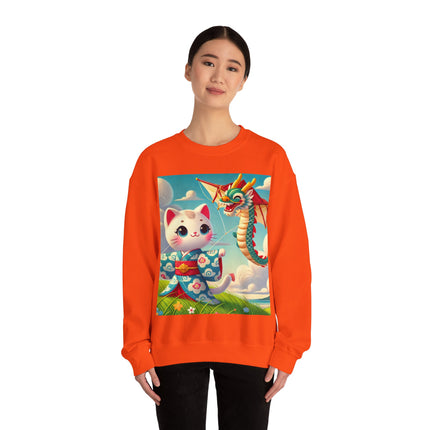 Geisha Kitten and the Dragon Kite Heavy Blend™ Crewneck Sweatshirt