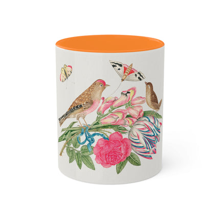 Pair of Brown Birds on Bouquet with Tulip, Rose, Snapdragons, and Butterflies by Anonymous Colorful Mugs, 11oz