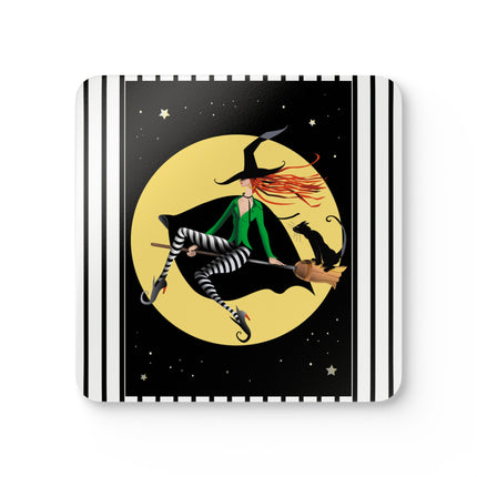 A Witch’s Moonlit Flight Corkwood Coaster Set