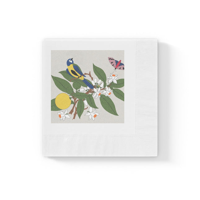 Blue Tit & Butterfly White Coined Napkins – Spring Harmony & Delicate Beauty
