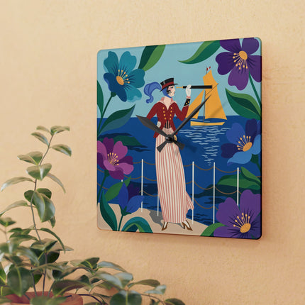 🔭⛵ The Lady Of The Seaside Spyglass Acrylic Wall Clock – Art Deco Coastal Elegance