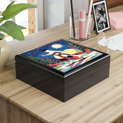 🌙🎿 The Moonlit Christmas Skier Jewelry Box – Whimsical Holiday Fantasy