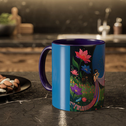 The Lady And The Moonlit Peak Colorful Mugs – Art Deco Alpine Garden Elegance