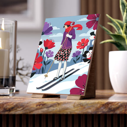 🎿🌺 The Winter Flower Skier Ceramic Tile – Art Deco Alpine Fantasy