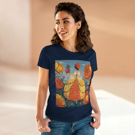 🧡🌼 The Golden Flower Promenade Cotton Tee – Art Deco Floral Elegance