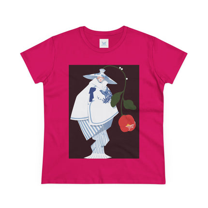 Blue & White Porcelain Geisha Women's Midweight Cotton Tee – Refined Elegance & Timeless Charm