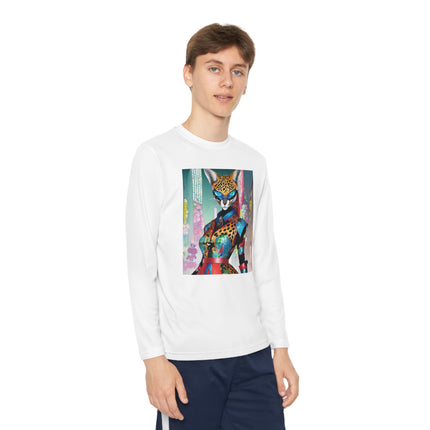 Cyber Cat Glamour Youth Long Sleeve Competitor Tee – Neon Elegance & Futuristic Style