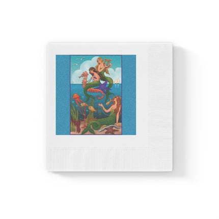 Three Mermaids with Strings of Pearls by Carlo Chiostri White Coined Napkins