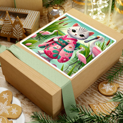 Geisha Kitten Strolls Among the Spoonbills Kiss-Cut Stickers (4 Sizes)