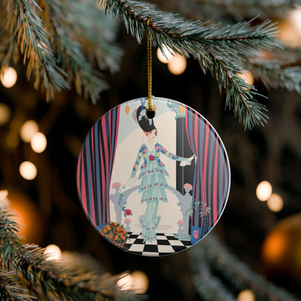 🌹🎭 The Lady Between The Curtains Ceramic Ornament – Art Deco Floral Theatre