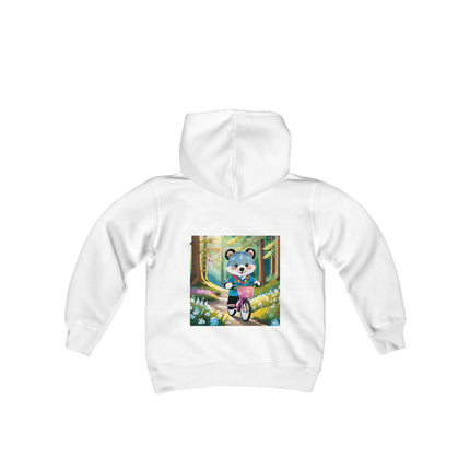 Furry Cyclist Youth Hooded Sweatshirt – Playful Adventure & Sunny Forest Fun