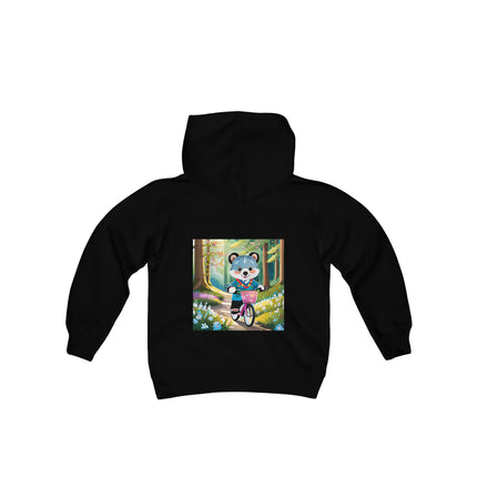 Furry Cyclist Youth Hooded Sweatshirt – Playful Adventure & Sunny Forest Fun