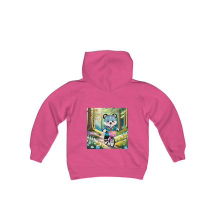 Furry Cyclist Youth Hooded Sweatshirt – Playful Adventure & Sunny Forest Fun