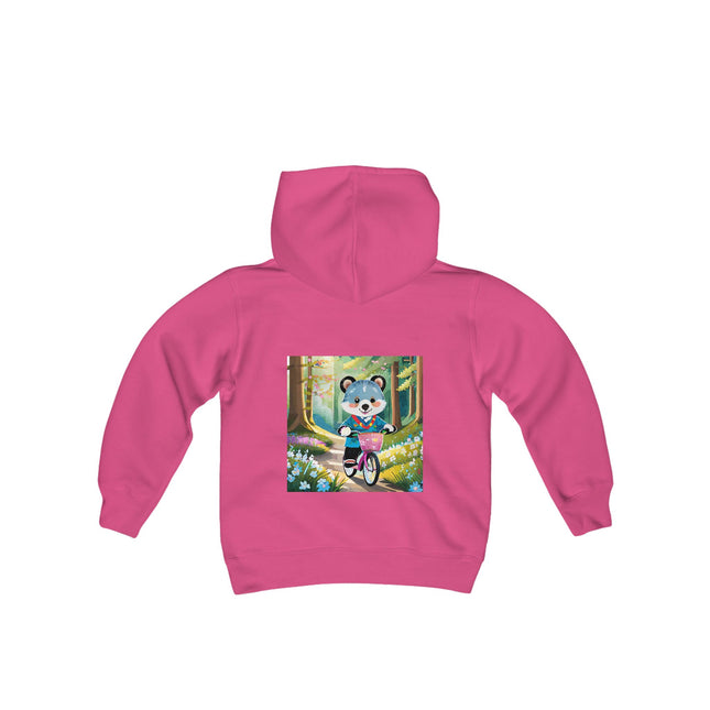 Furry Cyclist Youth Hooded Sweatshirt – Playful Adventure & Sunny Forest Fun
