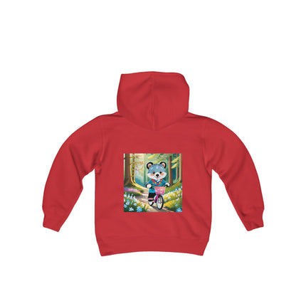 Furry Cyclist Youth Hooded Sweatshirt – Playful Adventure & Sunny Forest Fun