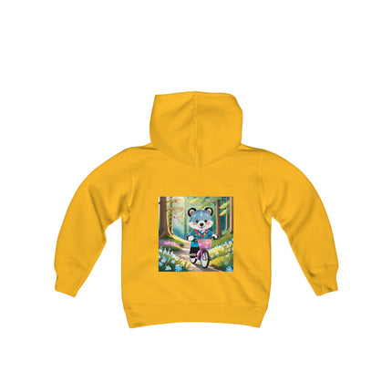 Furry Cyclist Youth Hooded Sweatshirt – Playful Adventure & Sunny Forest Fun