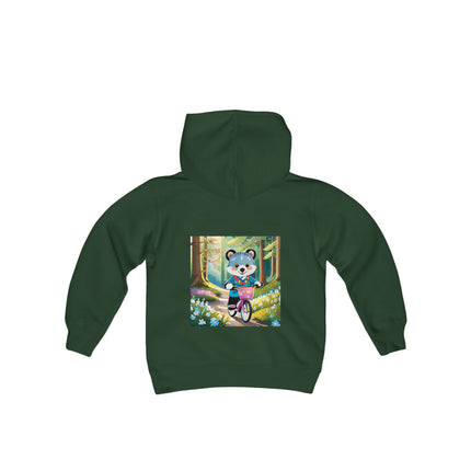 Furry Cyclist Youth Hooded Sweatshirt – Playful Adventure & Sunny Forest Fun