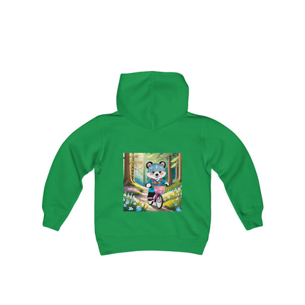 Furry Cyclist Youth Hooded Sweatshirt – Playful Adventure & Sunny Forest Fun