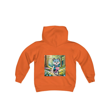 Furry Cyclist Youth Hooded Sweatshirt – Playful Adventure & Sunny Forest Fun