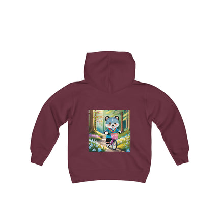 Furry Cyclist Youth Hooded Sweatshirt – Playful Adventure & Sunny Forest Fun