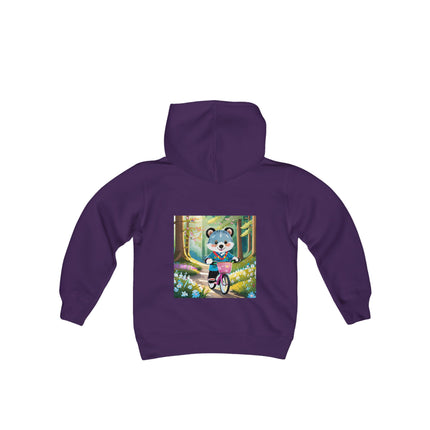Furry Cyclist Youth Hooded Sweatshirt – Playful Adventure & Sunny Forest Fun