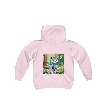 Furry Cyclist Youth Hooded Sweatshirt – Playful Adventure & Sunny Forest Fun