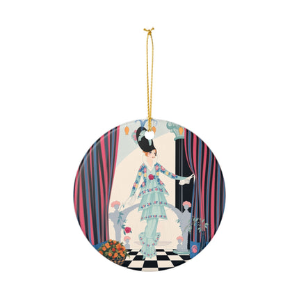 🌹🎭 The Lady Between The Curtains Ceramic Ornament – Art Deco Floral Theatre