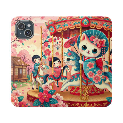 🎠🌸 Geisha Kitten's Enchanted Carousel Flip Case – Whimsical Dreams & Cherry Blossom Magic