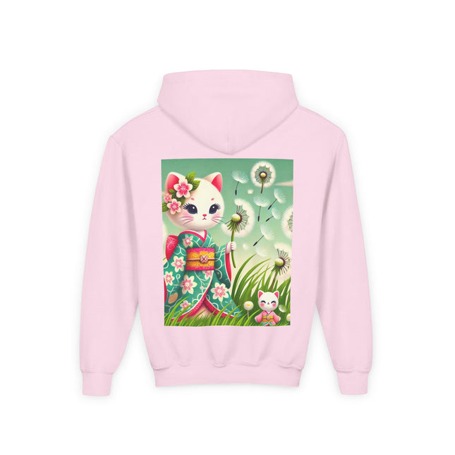 Geisha Kitten and the Dandelion Wish Youth Hooded Sweatshirt – Soft Dreams & Gentle Wonder