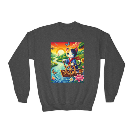 Sailor Kitten’s River Adventure Youth Crewneck Sweatshirt – Exploration, Joy & Storybook Adventure