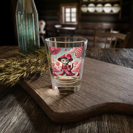 Whimsical Geisha Kitten in a Valentine Garden Shot Glass, 1.5oz