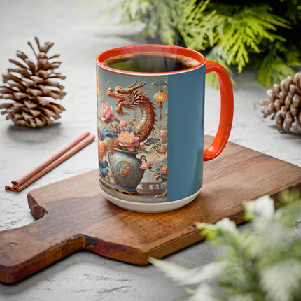 Golden Dragon & Lantern Lady Colorful Mug – Imperial Dragon & Elegant Harmony